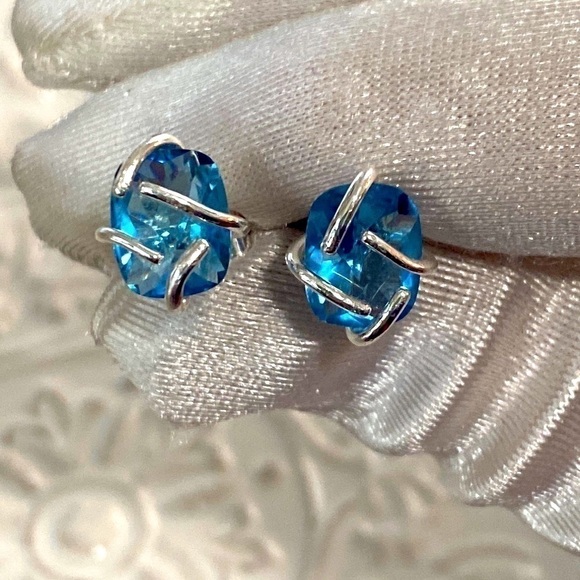 Handmade Aquamarine Rectangular Cushion Gemstone Sterling Silver Earrings 8Ct - Picture 1 of 15